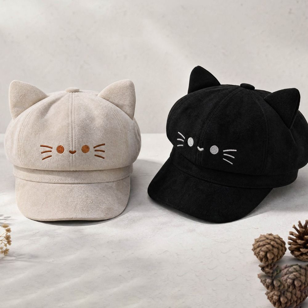 Embroidery Artist - かわいい刺繍入り猫耳ベレー帽 Y2K ロリータ ペインターアーティストキャップ スパイスガール キュートな八角形帽子