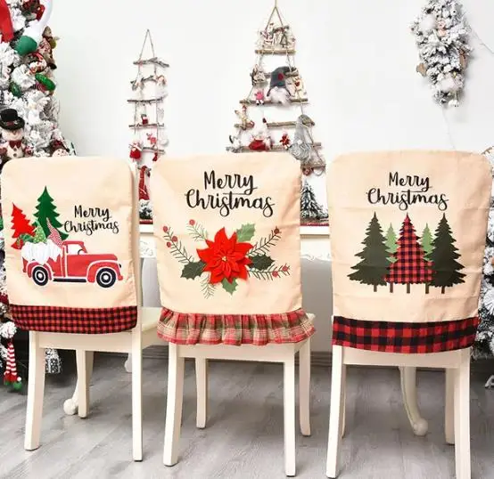 Embroidery Xmas Tree - リネンクリスマスチェアカバー,花,木,ダイニングルームの装飾,ホームパーティー,宴会,4個,6個,8個