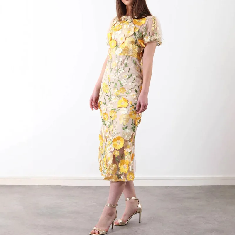 Embroidery Zara - 夏の女性用ハイウエストジッパー膝丈ワンピース 春の高級刺繍ロングワンピース レディースパフスリーブOネックトランペットドレス