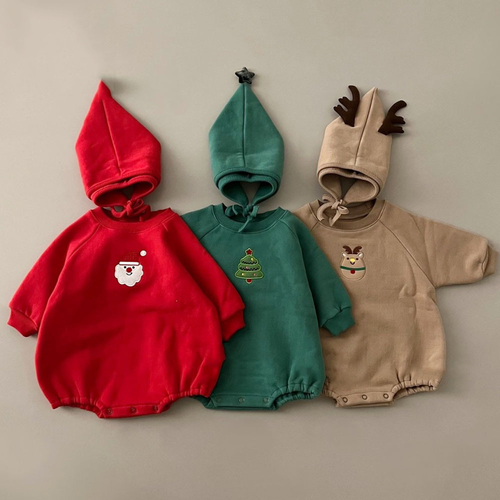 Embroidery Xmas Tree - ベビークリスマスロンパース帽子付き 0-24M 新生児刺繍固体綿クリスマスツリーサンタクロース鹿コスチュームクリスマスパジャマ用