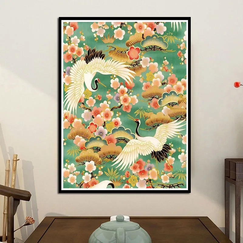 Embroidery Job - DIYクロスステッチの完全なキット,プリント生地,赤いクラウンクレーンペイント,完全な刺embroidery,家の装飾