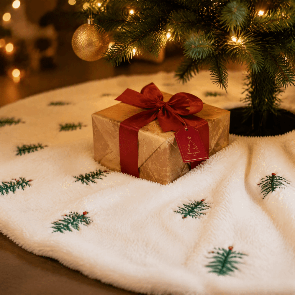 Embroidery Xmas Tree - クリスマスアクセサリー クリスマスツリースカート フェイクファー 雪の結晶デザイン ツリーマット 刺繍入り