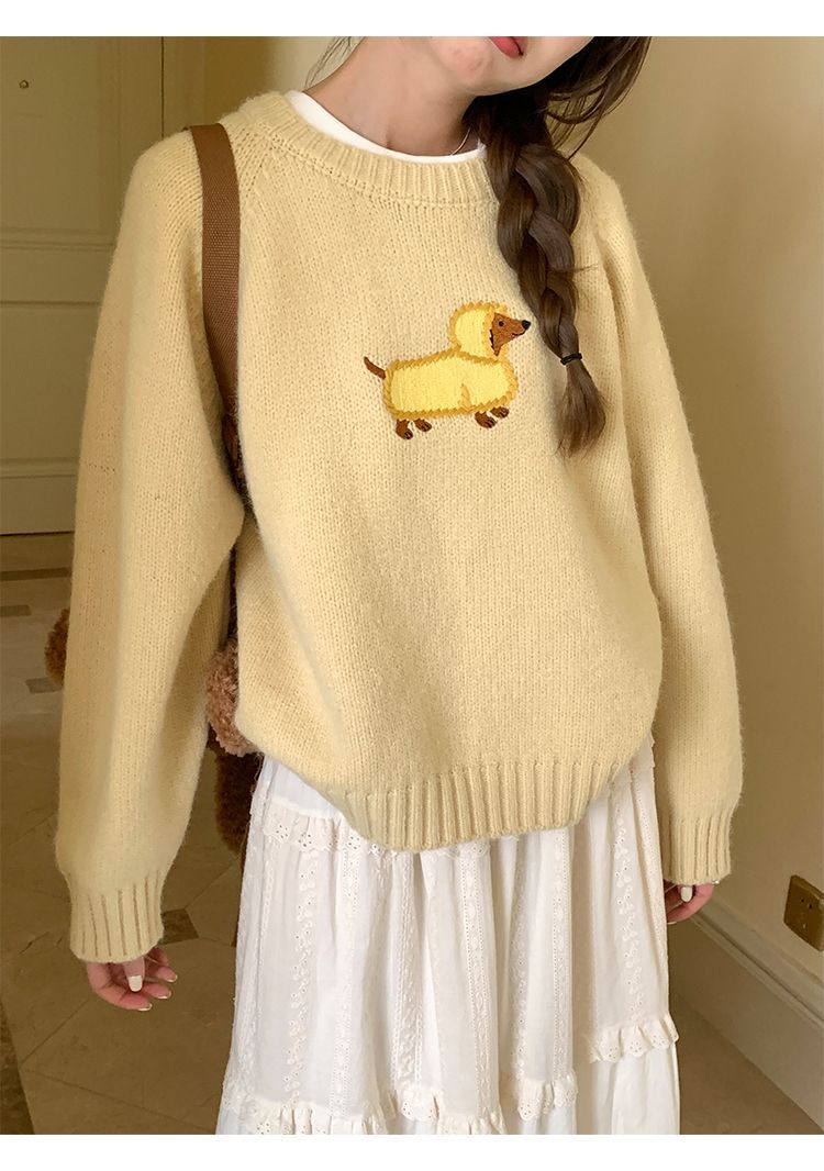 Embroidery Yellow - アメリカヒップホップ面白い犬刺繍漫画ニットセーター黄色クルーネックブラウスプレッピースタイルロリータガールズ女性冬トップス