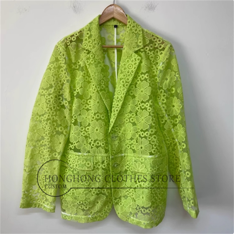 Embroidery Yellow - 蛍光イエローの重厚な刺繍が施されたシースルーのオーガンジー生地を使用した、豪華で個性的なステージ衣装（メンズ）