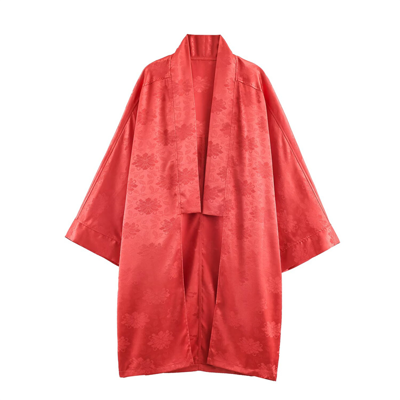 Embroidery Red - 2026年春 レディース レッドフローラルジャカードサテン着物、七分袖オープンフロントロングカジュアルアウターウェア