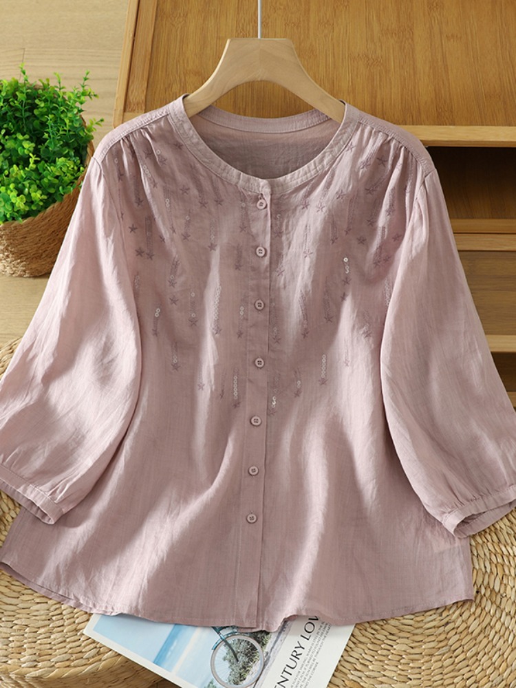 Embroidery Artist - レトログリッター刺繍リネンシャツ女性夏の通勤多用途シャツエレガントな時代を超越した小柄トップファッショナブルなアーティスト...