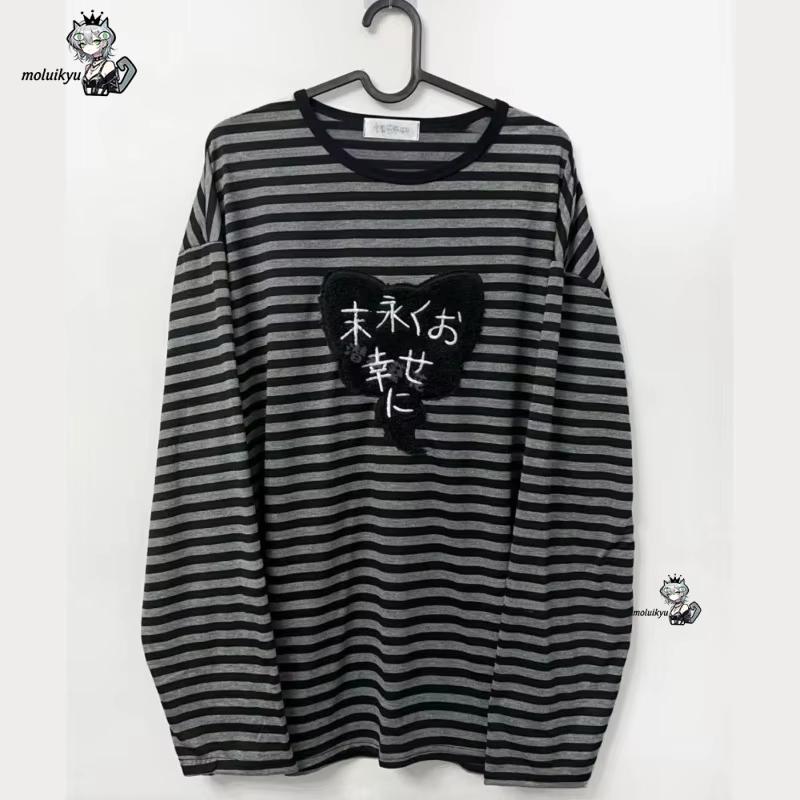 Embroidery Style - Y2K アメリカンパンクヴィンテージ O ネック長袖シャツオールマッチストライプデザイン原宿刺繍トップス美的ハイストリート Tシャツ