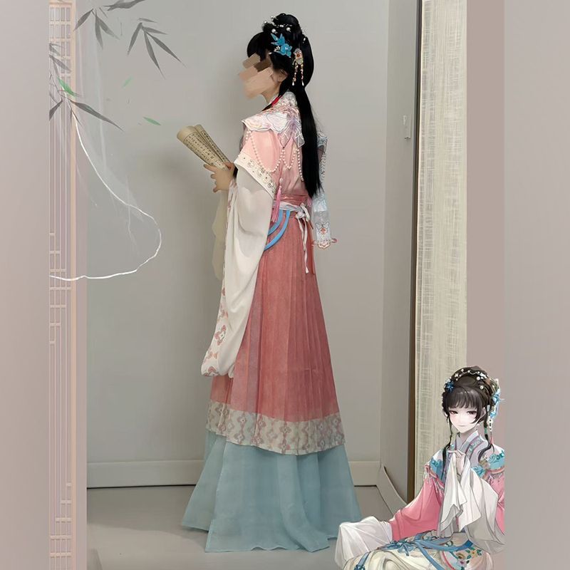Embroidery Style - 華白の林黛玉コスプレ衣装は、雲の肩帯を備えた古代風の妖精のような刺繍のフルセットです。
