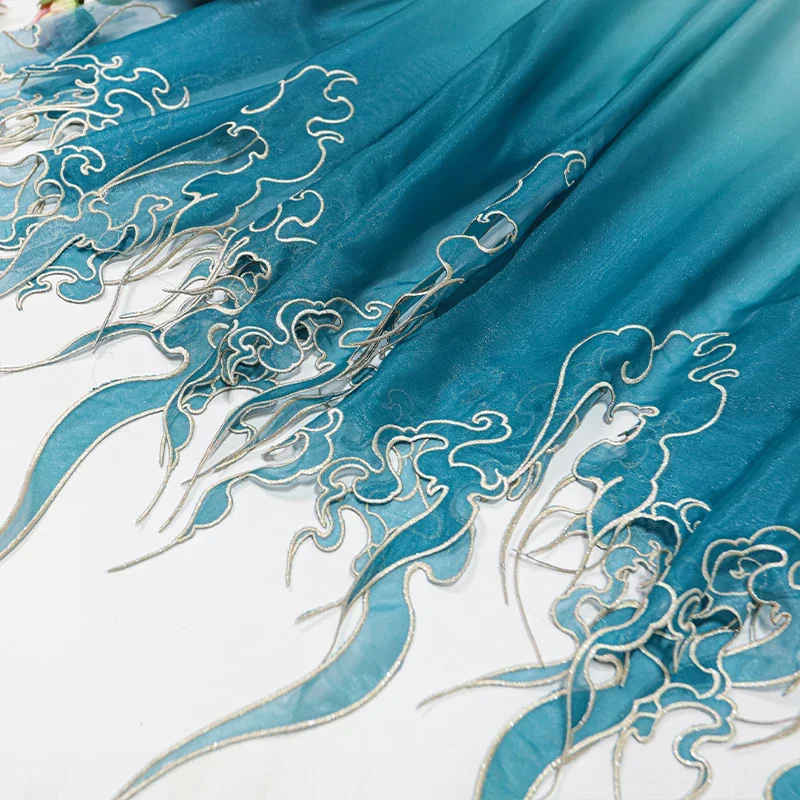 Embroidery Style - 中国風刺繍蓮の葉グラデーション生地 DIY 漢服ドレススカートステージ衣装結婚式の服装デザイナー縫製布