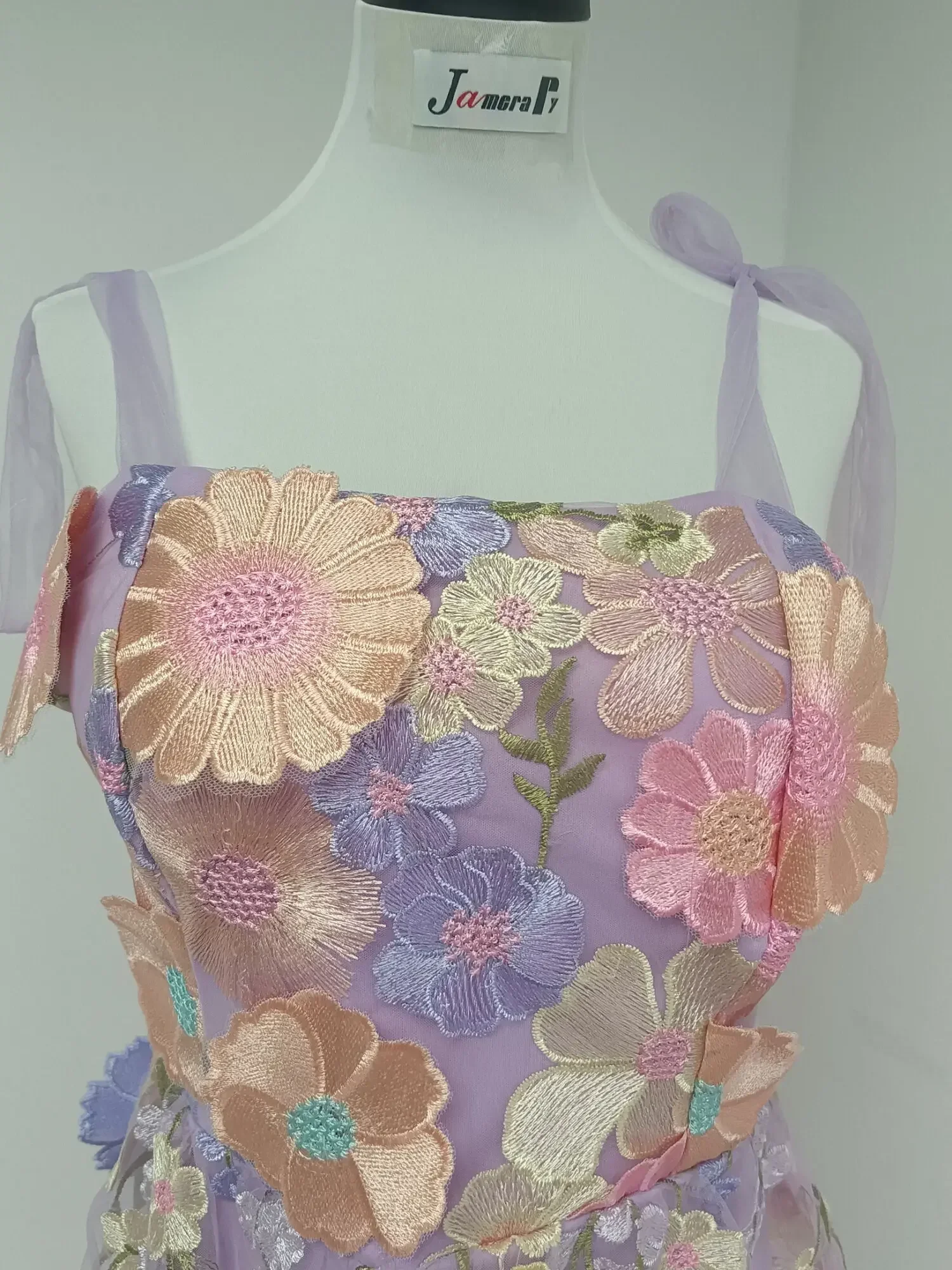 Embroidery Zara - ブランドデザイナーイブニングウエディングホリデードレス女性のためのフォーマルな機会 3D 花刺繍ストラップ弓セクシーなチュールレース Vestidos