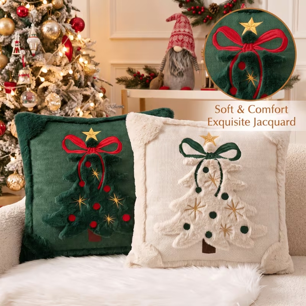 Embroidery Xmas Tree - クリスマスツリー柄クッションカバー、プラッシュフェイクファークリスマスカバーレット、リボンと星の刺繍入りホリデーホームデコレーション