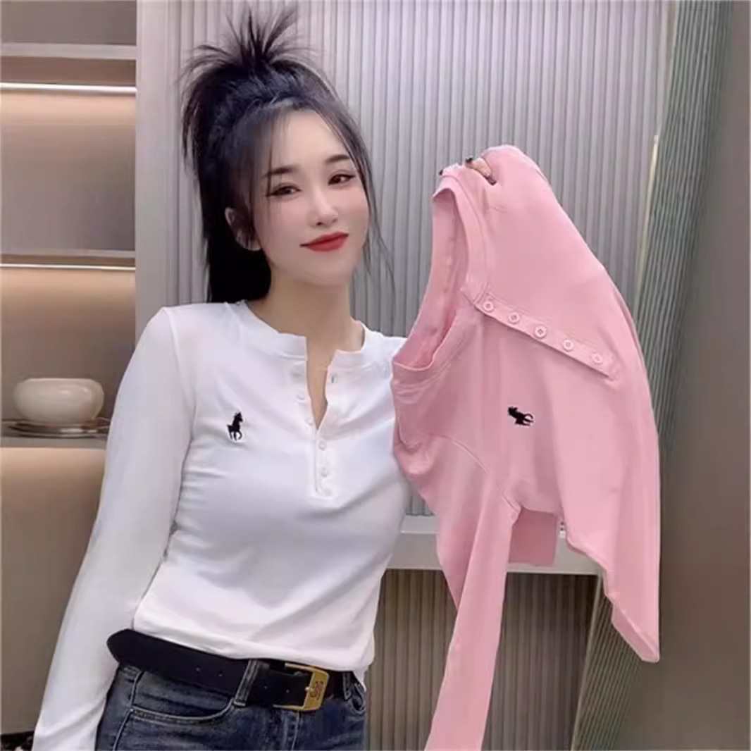 Embroidery Horse - プラスサイズの女性用春・秋新作スリムでカジュアルな小馬刺繍入りハーフオープンカラー長袖Tシャツ