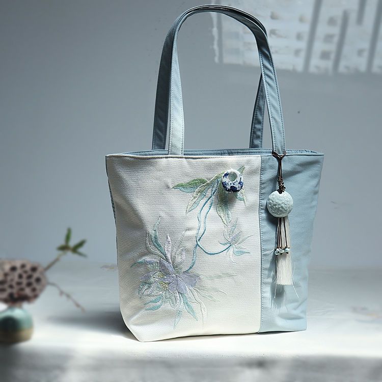 Embroidery Artist - 芸術的で古代的なスタイルの漢王朝刺繍シンプルで大容量のキャンバスシングルショルダーハンドバッグ女性