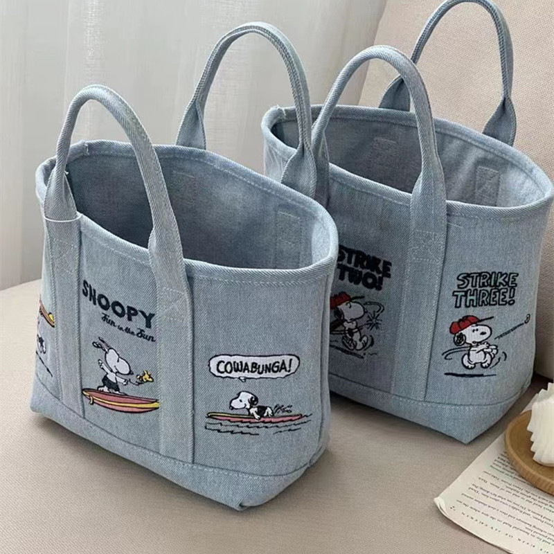 Embroidery Job - 新しいスヌーピーコミックデニムトートバッグ、学校や仕事用の大容量キャンバスショルダーバッグ、かわいい漫画刺繍トラベルハンドバッグ