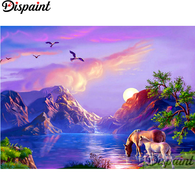 Embroidery Horse - Dispaint フルスクエア/ラウンドドリル 5D DIY ダイヤモンド塗装「山馬風景」刺繍クロスステッチ家の装飾ギフト A11765
