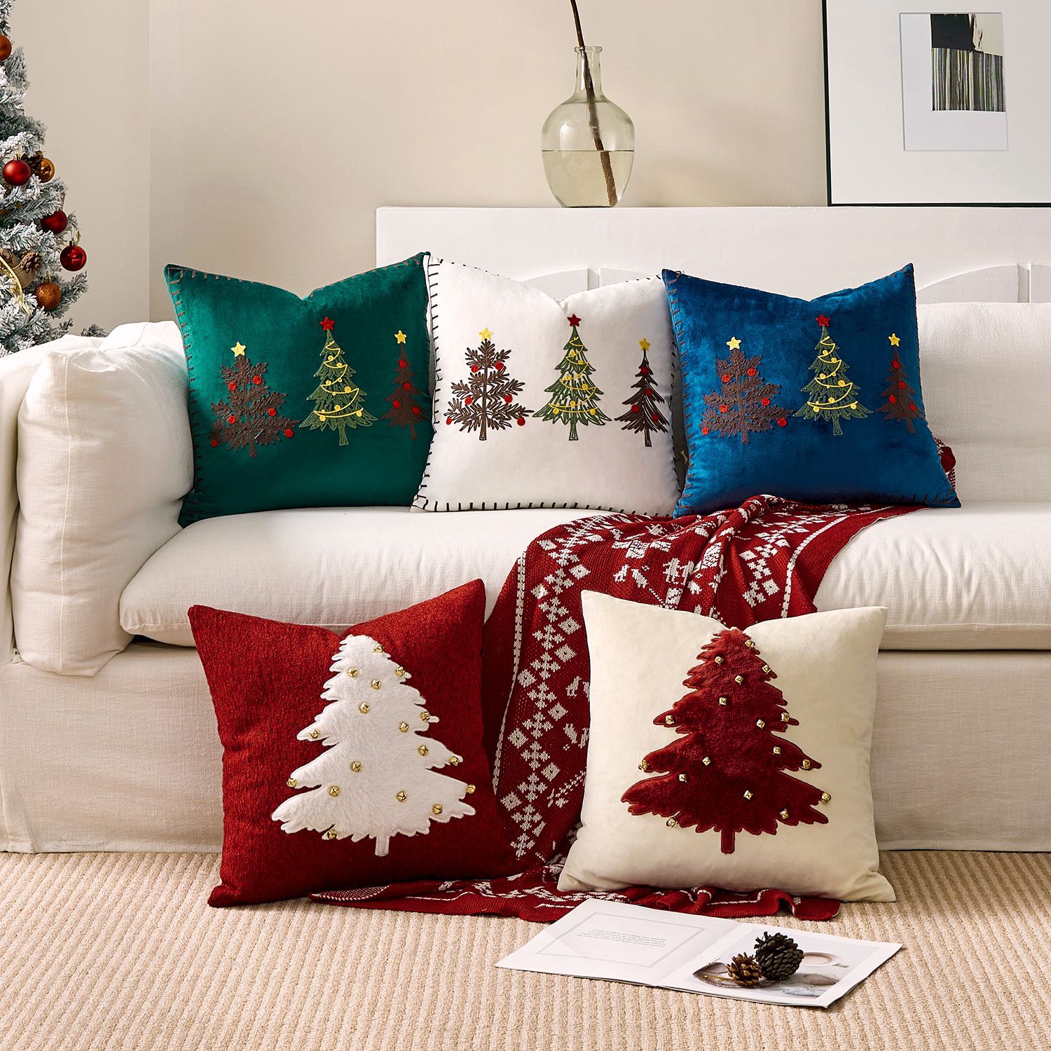 Embroidery Xmas Tree - 1pc 刺繍クッションカバー クリスマス枕カバー グリーン ホワイト レッド