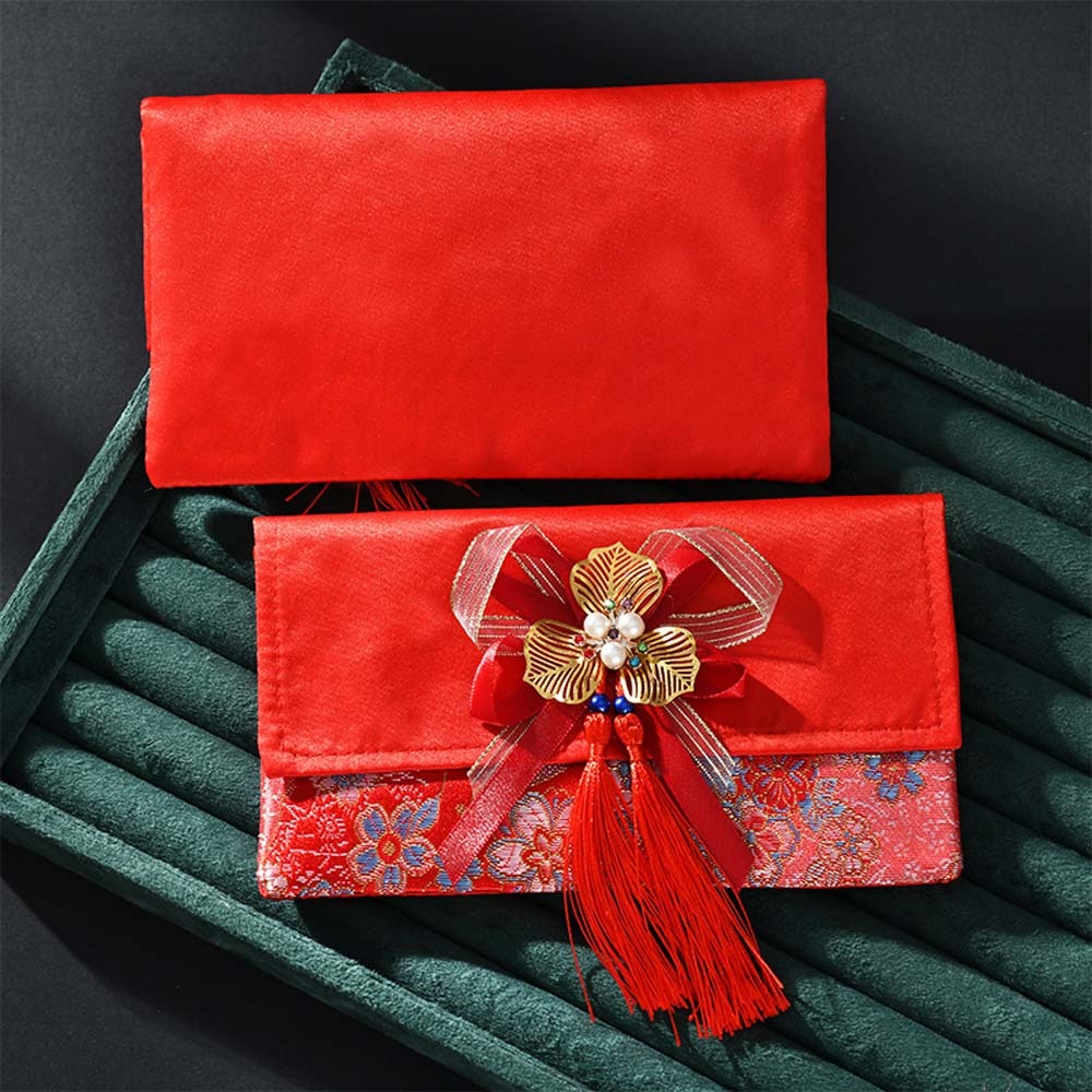 Embroidery Red - 新年の祝福の言葉入り紅封筒、春節の刺繍入り布製タッセル、2025年お金入れ袋、刺繍入り祝福の言葉