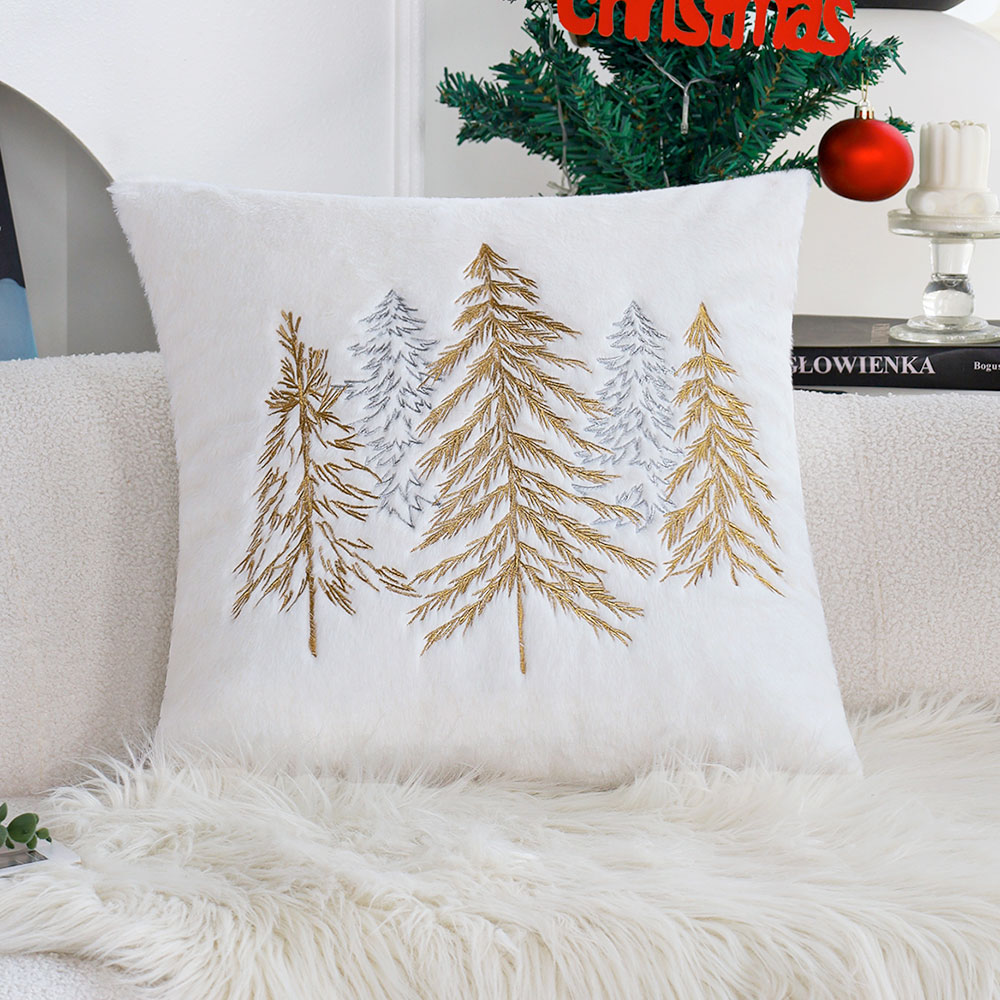 Embroidery Xmas Tree - クリスマスフェイクラビットファー枕カバー 45x45cm ゴールドシルバー クリスマスツリー刺繍クッションケース クリスマスホームデコレーション ソファ用