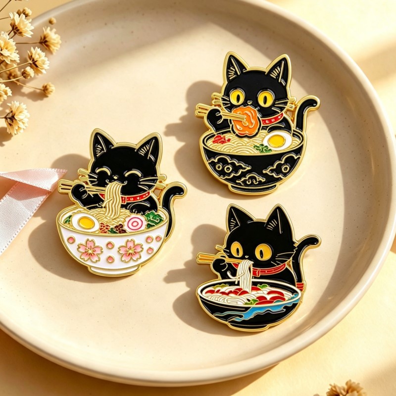 Embroidery Love - かわいい黒猫が麺を食べるエナメルピン、素敵な動物のラペルバッジ、バックパックや服の装飾用メタルブローチ、デイリージュエリーギフト