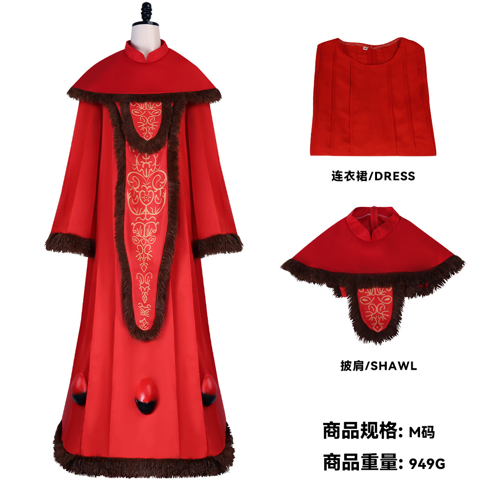 Embroidery Red - 女性用レトロな赤い刺繍ローブとファー付きショールセット 中世風ノーブルロングドレス ハロウィンカーニバルパーティーコスプレ衣装