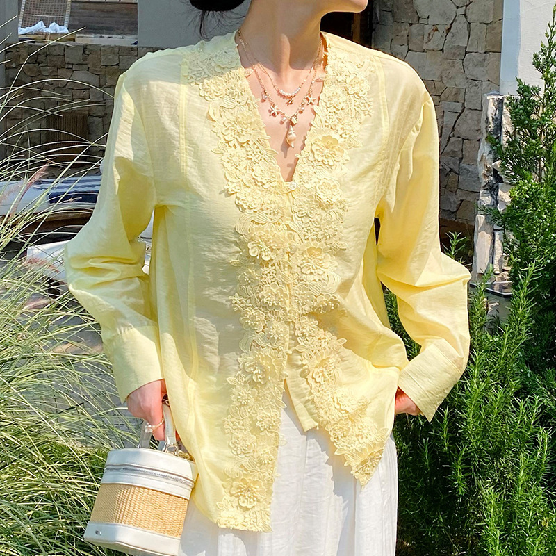 フレンチスタイルレース刺繍シャツブラウス女性の黄色のコットン - Embroidery Yellow のレビューと価格