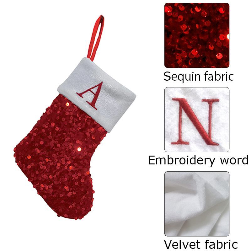 赤いスパンコールのクリスマスストッキング、Aの文字の刺繍、グ - Embroidery Xmas Ornaments のレビューと価格