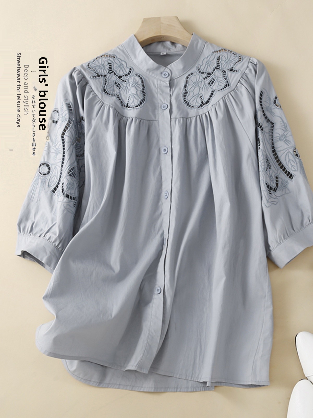レトロ芸術的な中空刺繍カジュアルシャツルーズフィット女性のフ - Embroidery Artist のレビューと価格