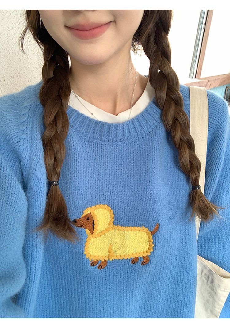 アメリカヒップホップ面白い犬刺繍漫画ニットセーター黄色クルー - Embroidery Yellow のレビューと価格