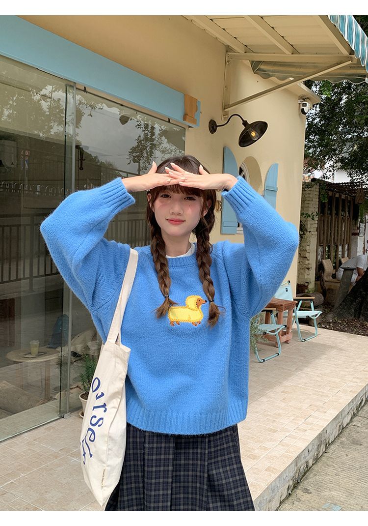 アメリカヒップホップ面白い犬刺繍漫画ニットセーター黄色クルー - Embroidery Yellow のレビューと価格