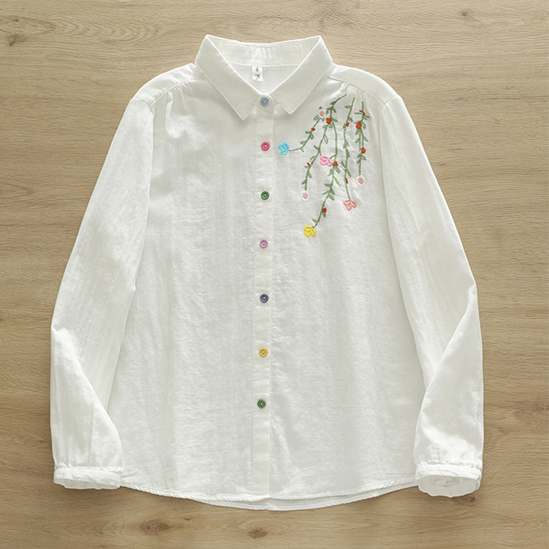秋の二層綿長袖 Blusa 女性服刺繍カラフルな小花芸術的な - Embroidery Artist のレビューと価格