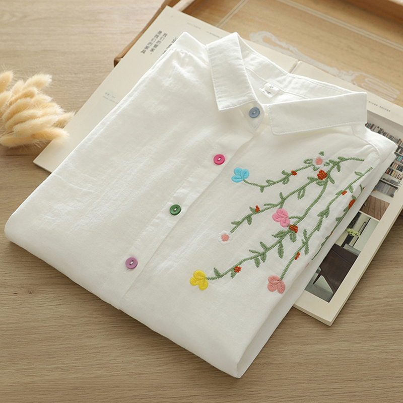 秋の二層綿長袖 Blusa 女性服刺繍カラフルな小花芸術的な - Embroidery Artist のレビューと価格
