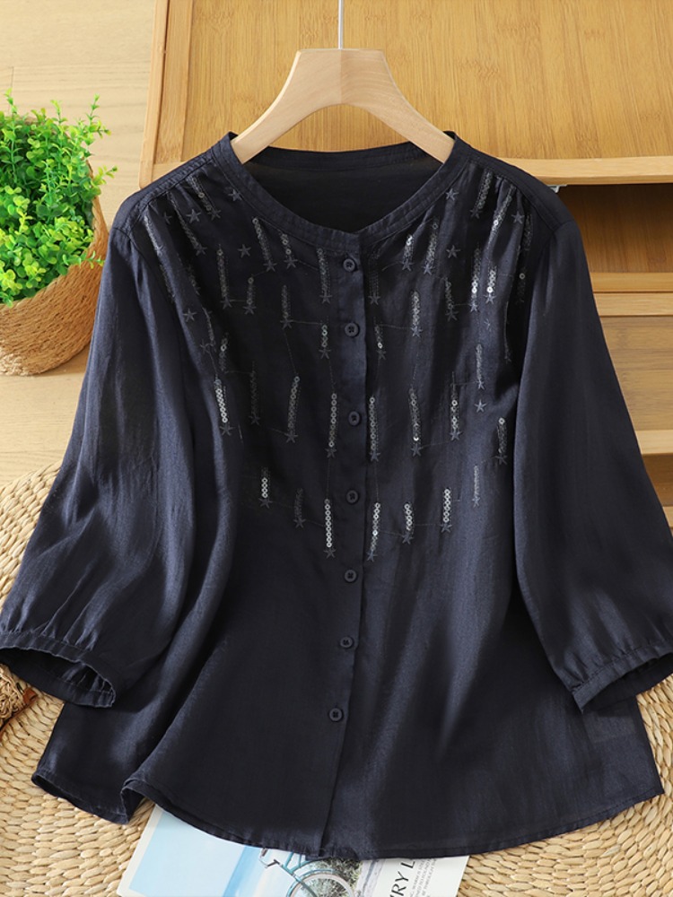 レトログリッター刺繍リネンシャツ女性夏の通勤多用途シャツエレ - Embroidery Artist のレビューと価格