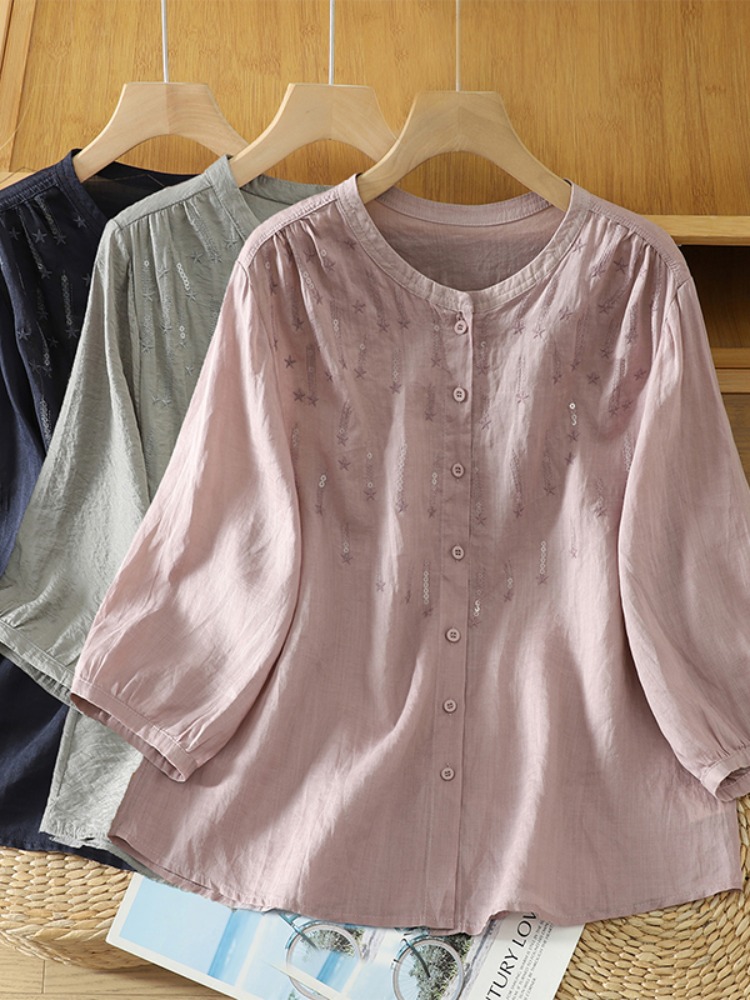 レトログリッター刺繍リネンシャツ女性夏の通勤多用途シャツエレ - Embroidery Artist のレビューと価格