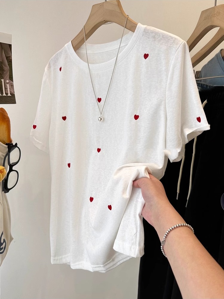 プラスサイズ 240 ポンド ラブ刺繍半袖レディース夏ルーズ - Embroidery Love のレビューと価格
