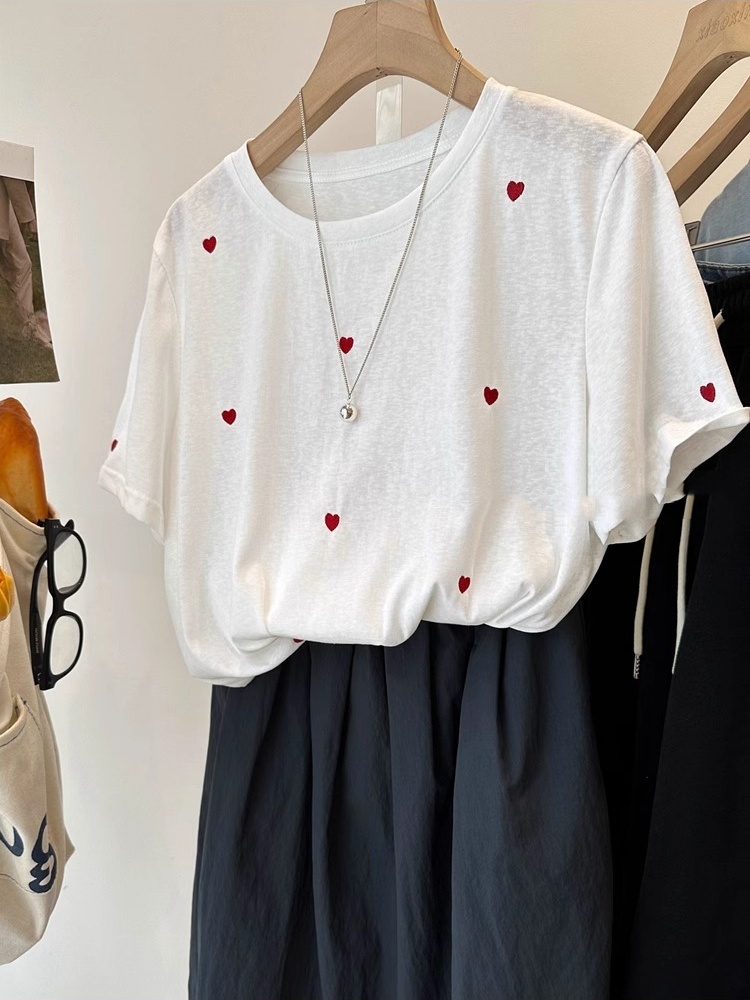 プラスサイズ 240 ポンド ラブ刺繍半袖レディース夏ルーズ - Embroidery Love のレビューと価格