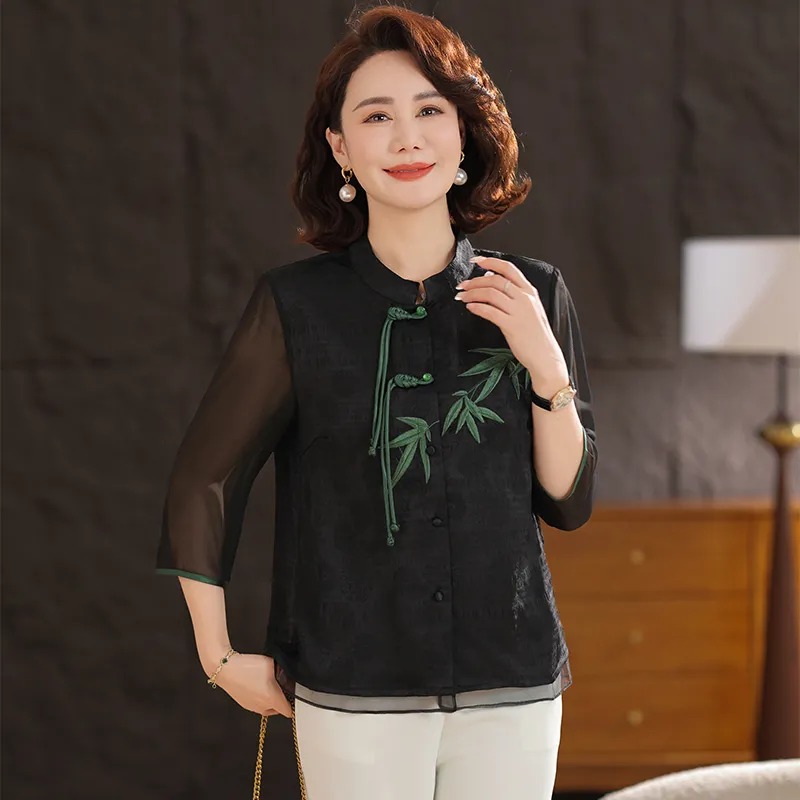 女性用クリームホワイト中国風ブラウス、緑の竹刺繍、カエルボタ - Embroidery Cream のレビューと価格