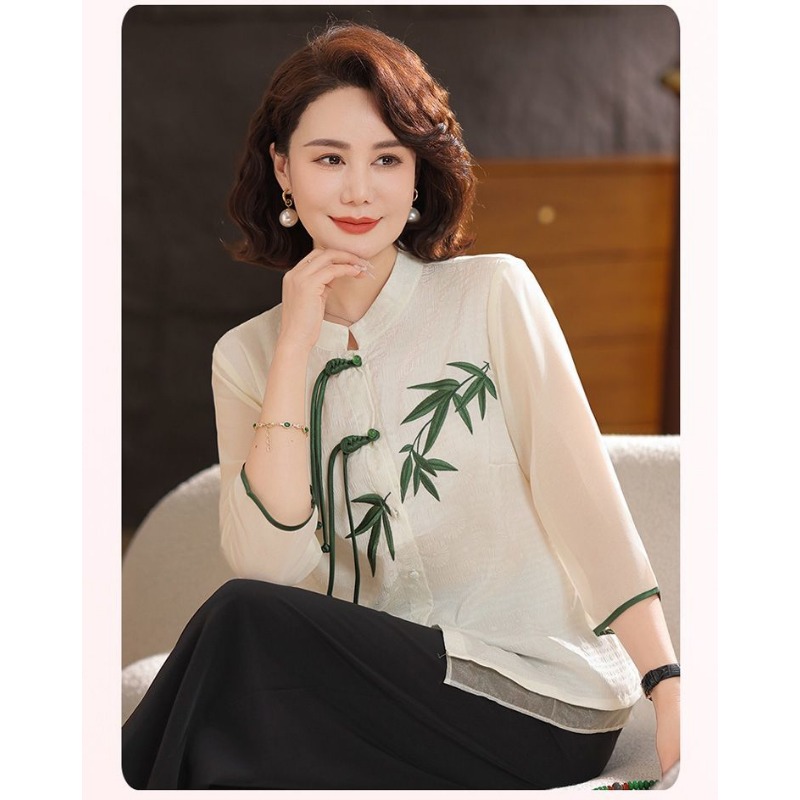 女性用クリームホワイト中国風ブラウス、緑の竹刺繍、カエルボタ - Embroidery Cream のレビューと価格