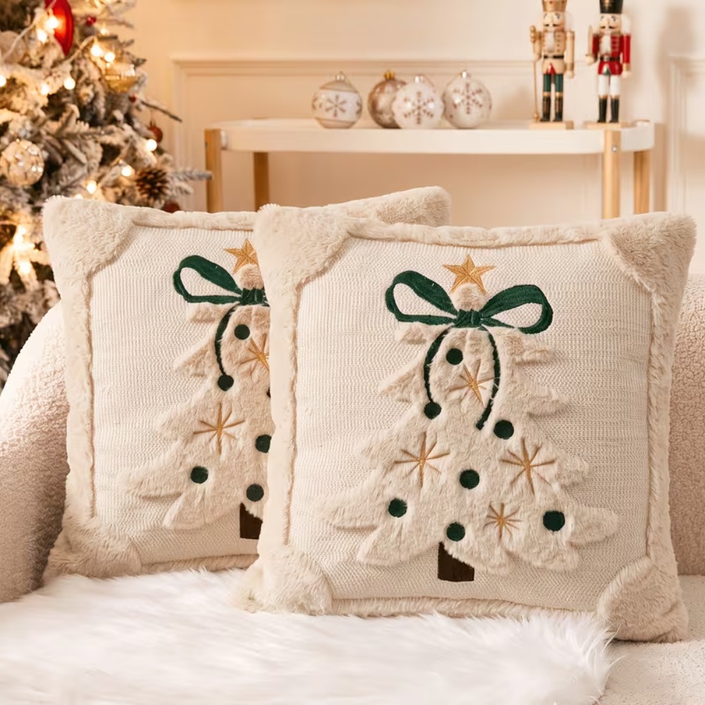 クリスマスツリー柄クッションカバー、プラッシュフェイクファー - Embroidery Xmas Tree のレビューと価格