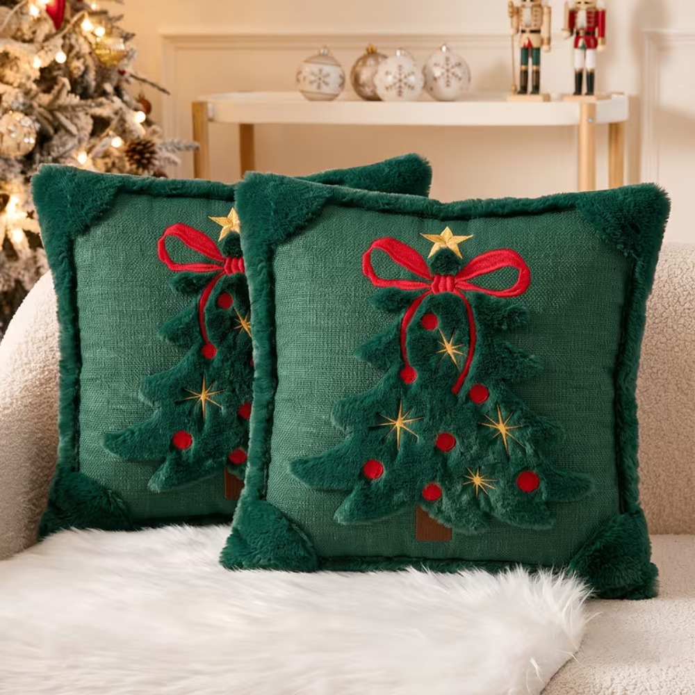 クリスマスツリー柄クッションカバー、プラッシュフェイクファー - Embroidery Xmas Tree のレビューと価格
