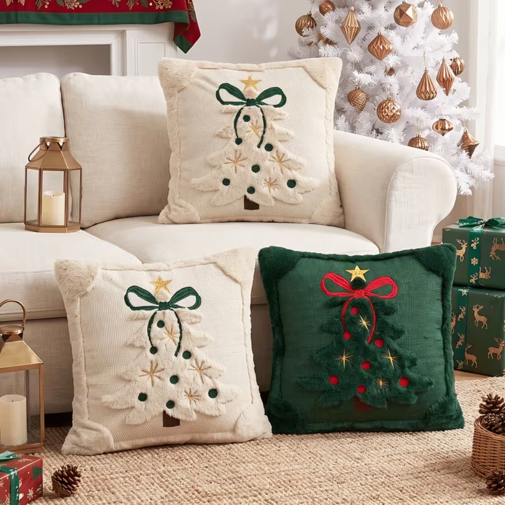 クリスマスツリー柄クッションカバー、プラッシュフェイクファー - Embroidery Xmas Tree のレビューと価格