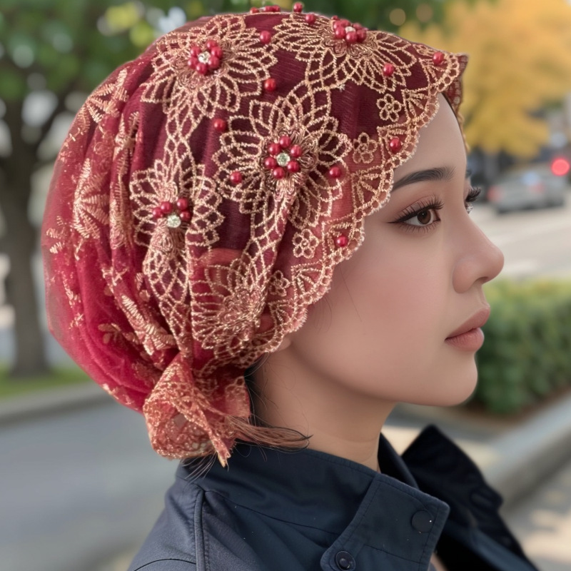 女性用スタイリッシュなヘッドスカーフ帽子、刺繍とビーズ付きの - Embroidery Hat Machine のレビューと価格