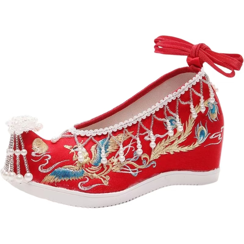 女性用新作赤い刺繍入りウェディングシューズ、民族風、内側に紐 - Embroidery Red のレビューと価格