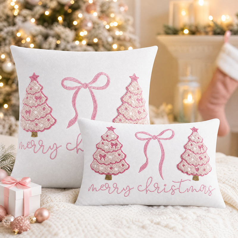 エレガントなピンクのクリスマススローピローカバー 3D刺繍ク - Embroidery Xmas Tree のレビューと価格