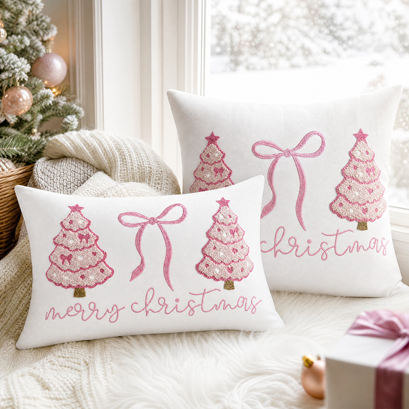 エレガントなピンクのクリスマススローピローカバー 3D刺繍ク - Embroidery Xmas Tree のレビューと価格