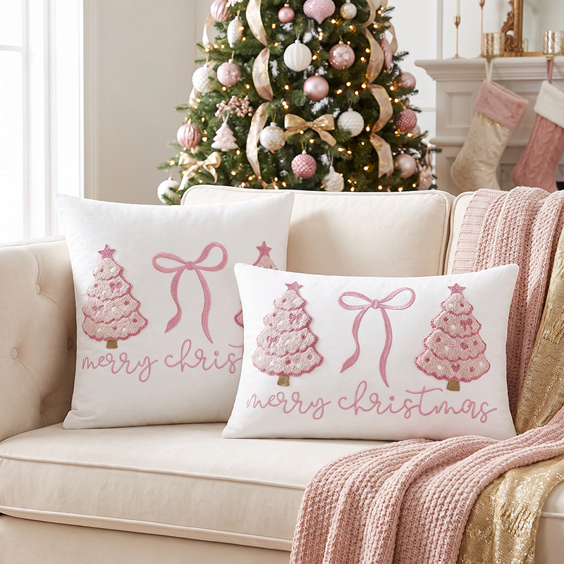 エレガントなピンクのクリスマススローピローカバー 3D刺繍ク - Embroidery Xmas Tree のレビューと価格