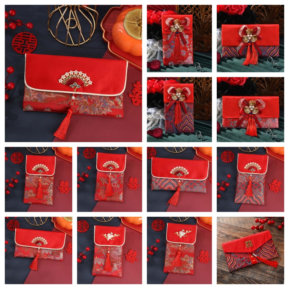 新年の祝福の言葉入り紅封筒、春節の刺繍入り布製タッセル、20 - Embroidery Red のレビューと価格
