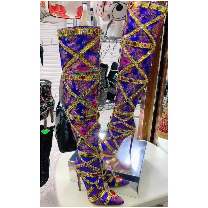 マルチカラー宝石ゴールドトリムステッチスティレット太もも丈ブ - Embroidery Stitch のレビューと価格