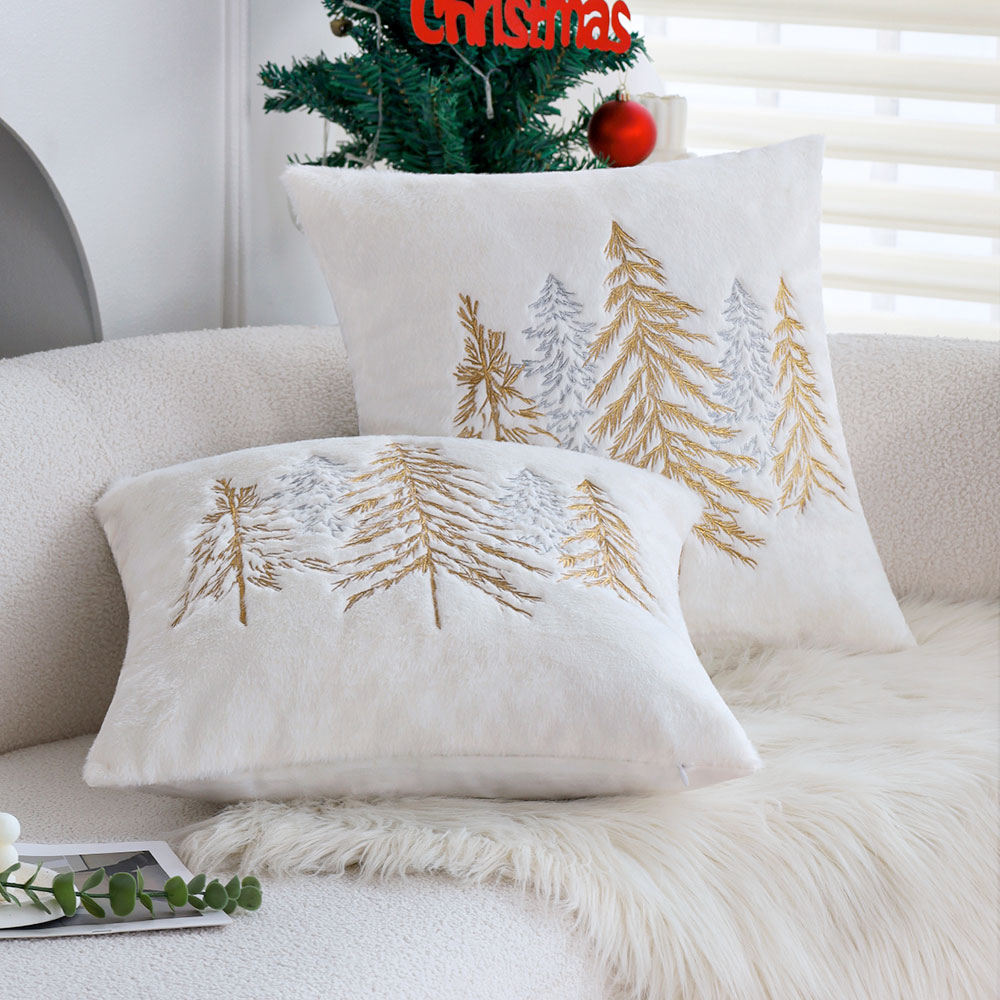 クリスマスフェイクラビットファー枕カバー 45x45cm ゴ - Embroidery Xmas Tree のレビューと価格