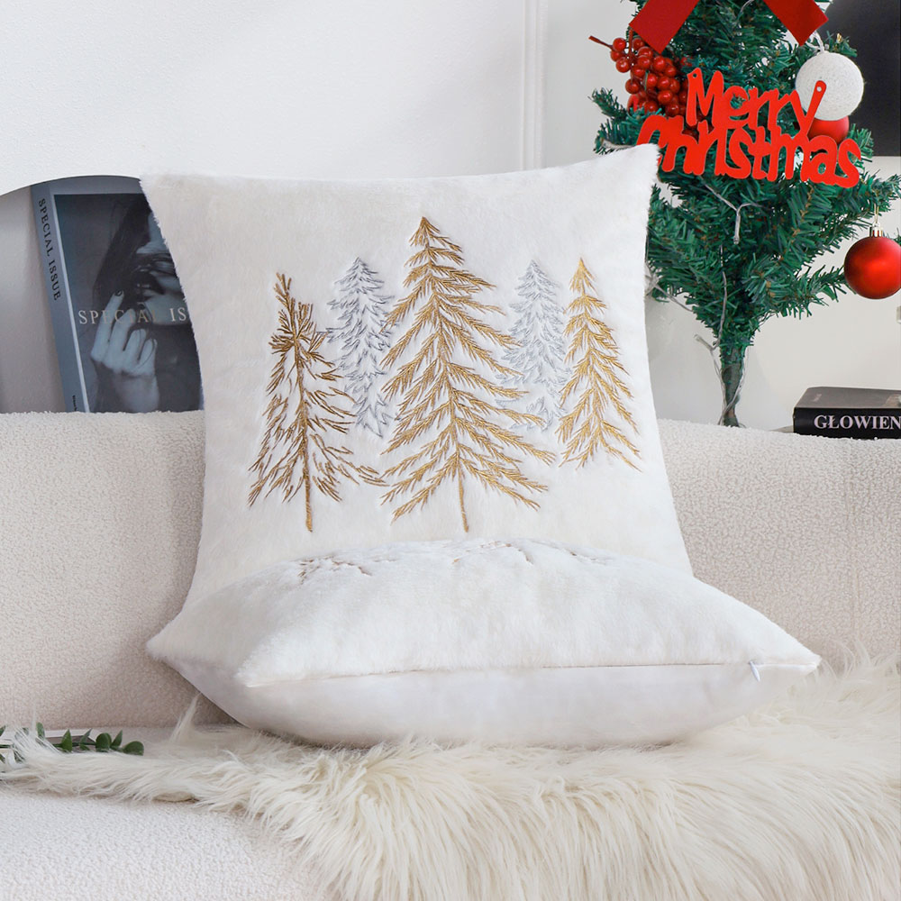 クリスマスフェイクラビットファー枕カバー 45x45cm ゴ - Embroidery Xmas Tree のレビューと価格