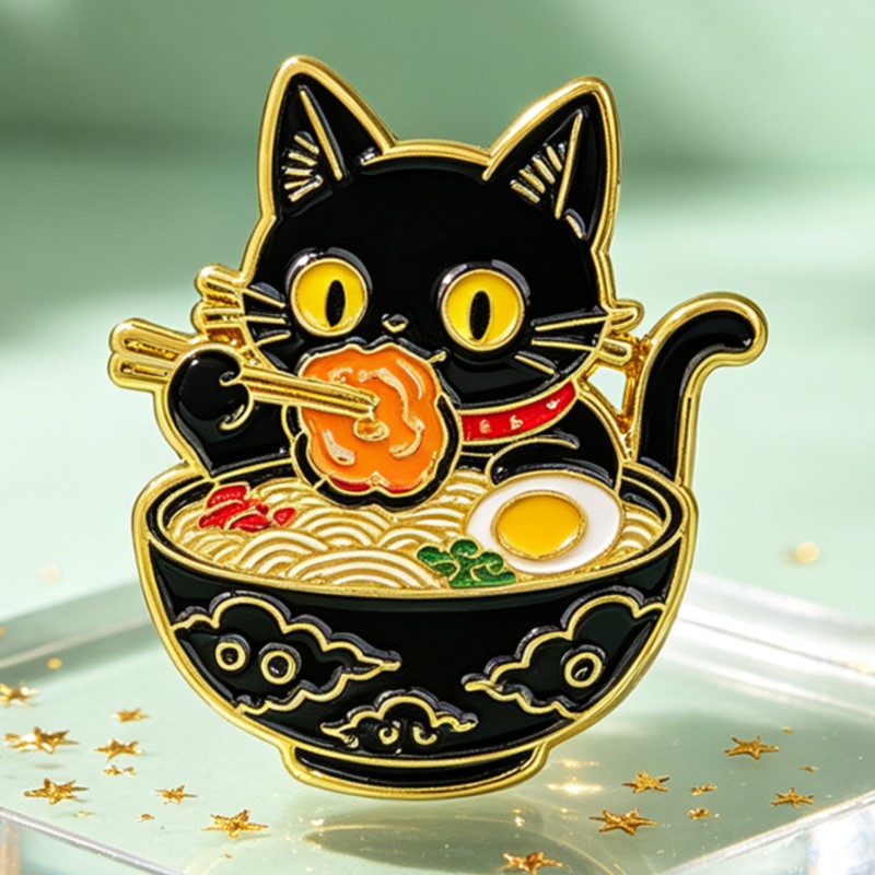 かわいい黒猫が麺を食べるエナメルピン、素敵な動物のラペルバッ - Embroidery Love のレビューと価格